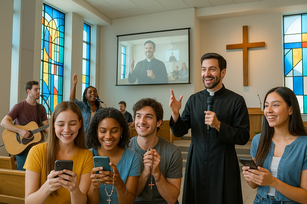 Jóvenes con móviles en iglesia junto a sacerdote